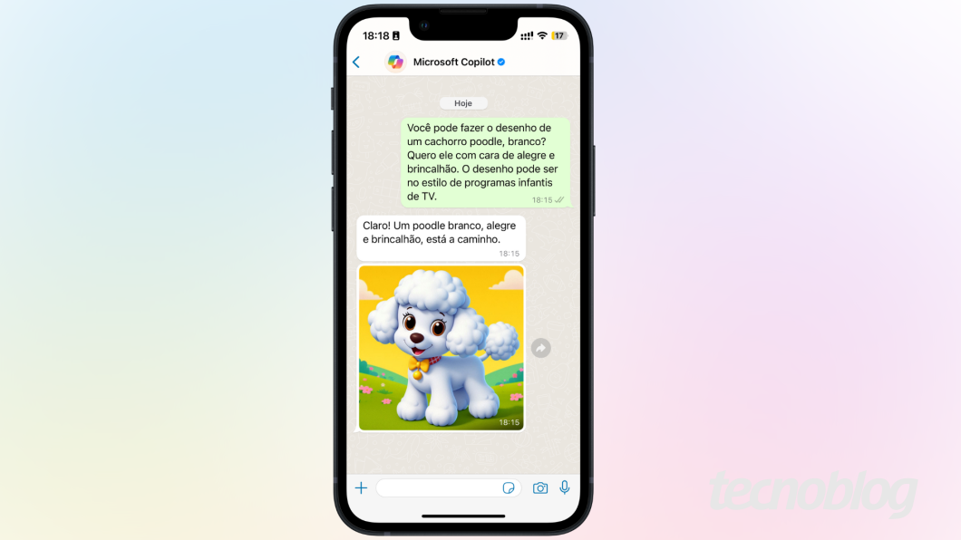 Usuário pede ao Copilot no WhatsApp uma imagem de um cachorro branco, em estilo de desenho. Copilot envia a imagem.