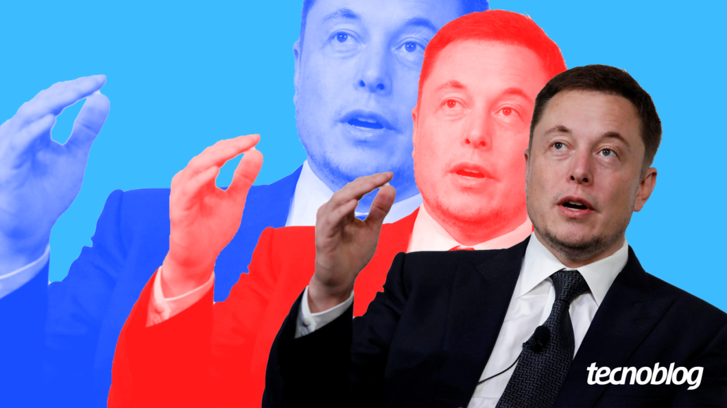 Ilustração mostra Elon Musk de terno em um fundo de cor azul. Na parte inferior direita, o logotipo do "tecnoblog" é visível