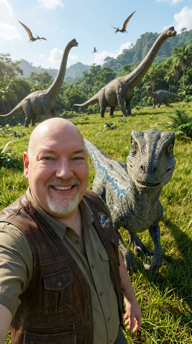 A man (me) in Jurassic Park. I'm taking a selfie with a Velociraptor; there are other dinosaurs in the background.