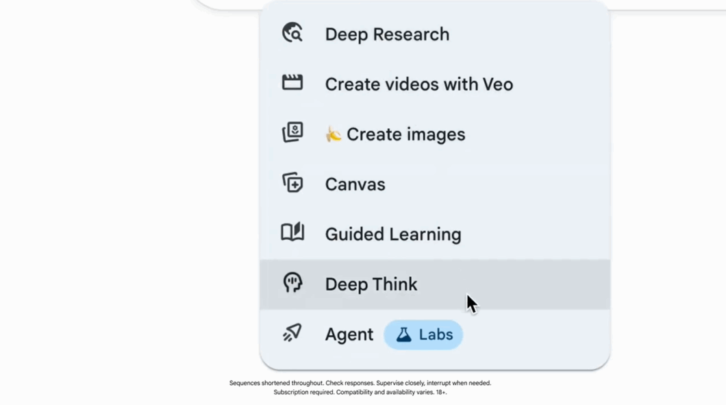 Imagem mostra uma captura de tela com opções de recursos da IA do Google. A opção "Deep Think" está selecionada.