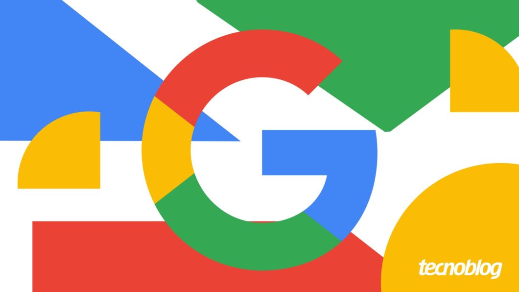 Ilustração com o logotipo do Google ao centro, em vermelho, amarelo, verde e azul. O logotipo do "tecnoblog" está no canto inferior direito.