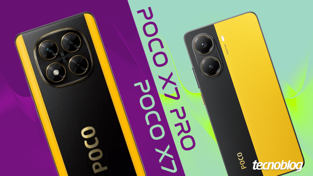 Imagem apresenta os modelos Poco X7 e Poco X7 Pro, lado a lado.