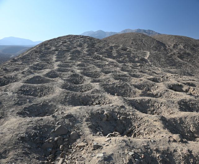 A series of shallow holes excavated in a wide strip along a ridge top. Small rocks can been seen in the foreground holes, and the strip continues up along the ridge into the distance, where there are larger, bare hills. The sky is blue.