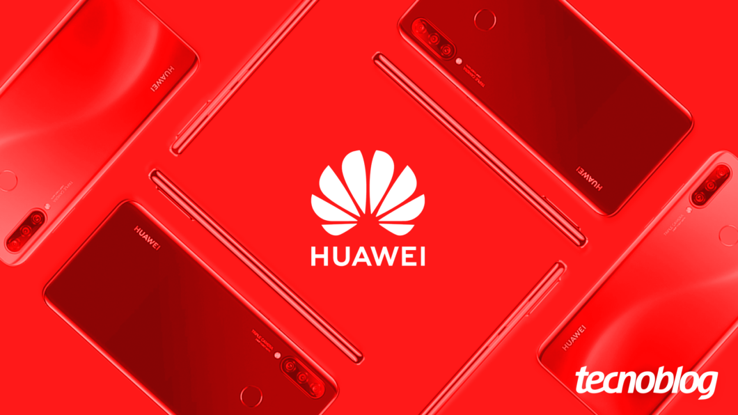 Arte mostra o logo da Huawei ao centro, em cor branca. O fundo é composto por alguns celulares da marca, em um tom vermelho. Na parte inferior direita, o logotipo do "tecnoblog" é visível.
