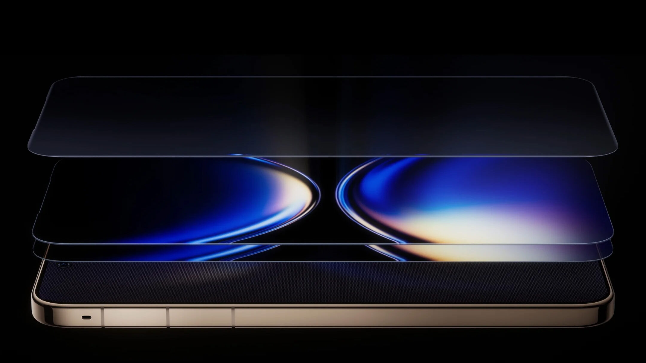 Ilustração com as diversas camadas da tela do Huawei Mate 80 Pro Max. Há duas camadas com imagem, indicando o OLED, mais uma de vidro.