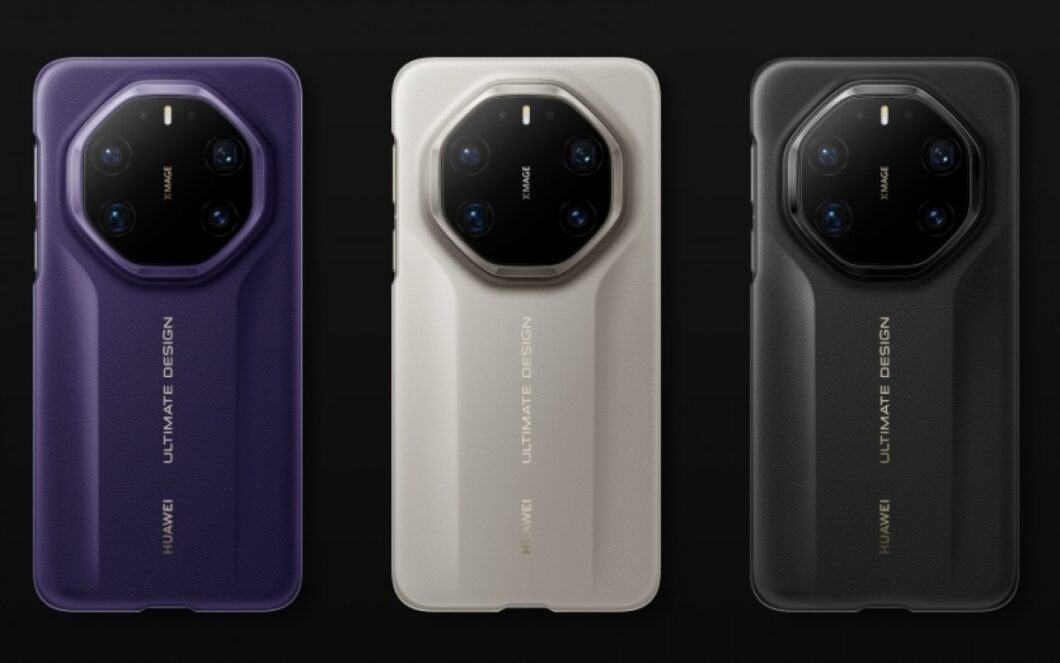 Três modelos do Huawei 80 RS lado a lado, nas cores roxo, bege e preto. Eles têm um relevo mais alto na parte central e trazem a inscrição "Huawei Ultimate Design"