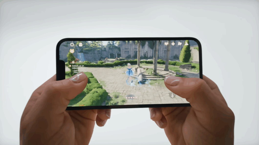 Ilustração do iPhone 16e rodando jogos