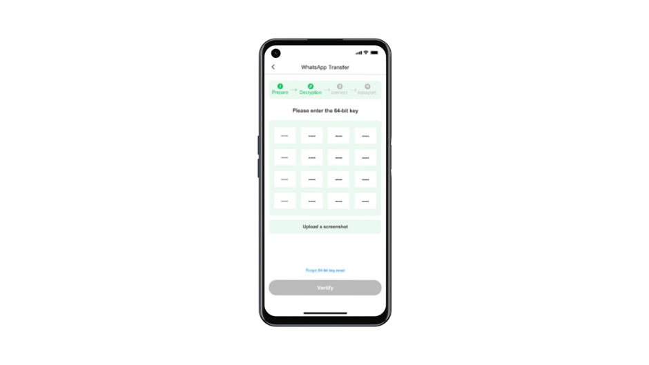 Captura de tela da tela de "Decryption" (Descriptografia) do processo de transferência do WhatsApp. A tela exibe a instrução "Please enter the 64-bit key" (Por favor, insira a chave de 64 bits) em uma grade de 12 campos tracejados. Abaixo, há um link para "Upload a screenshot" (Carregar uma captura de tela) e outro link para "Forgot 64-bit key reset" (Esquecer chave de 64 bits). Um botão "Verify" (Verificar) está na parte inferior para prosseguir.