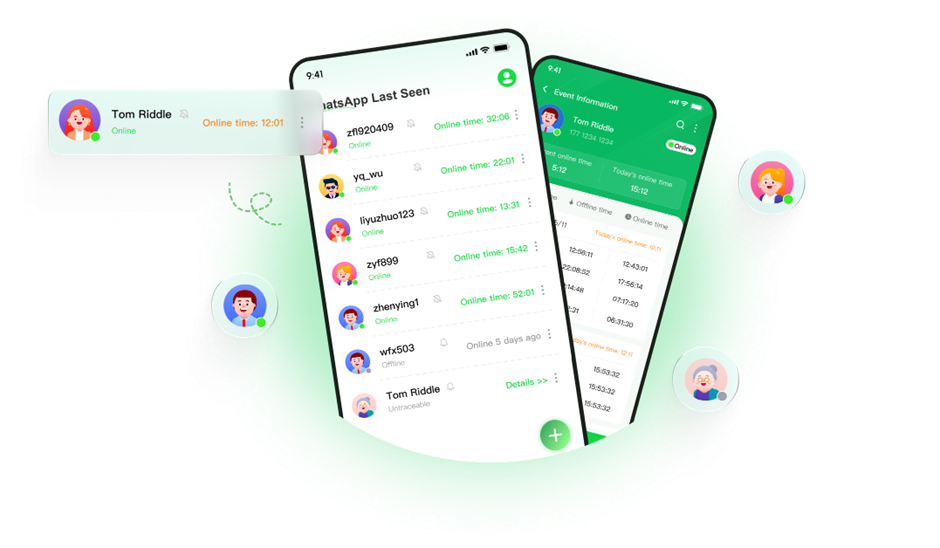 Aplicação móvel em dois smartphones inclinados, focada em rastrear o status online e o tempo de atividade de contatos, semelhante ao WhatsApp. A tela em primeiro plano exibe uma lista de usuários com seu status atual ("Online" ou "Offline") e o "Online time" (Tempo online), como "Online time: 32:06". Um balão de notificação flutuante destaca o usuário 'Tom Riddle' com "Online time: 12:01". O design geral é limpo, com círculos de avatar espalhados pela composição.