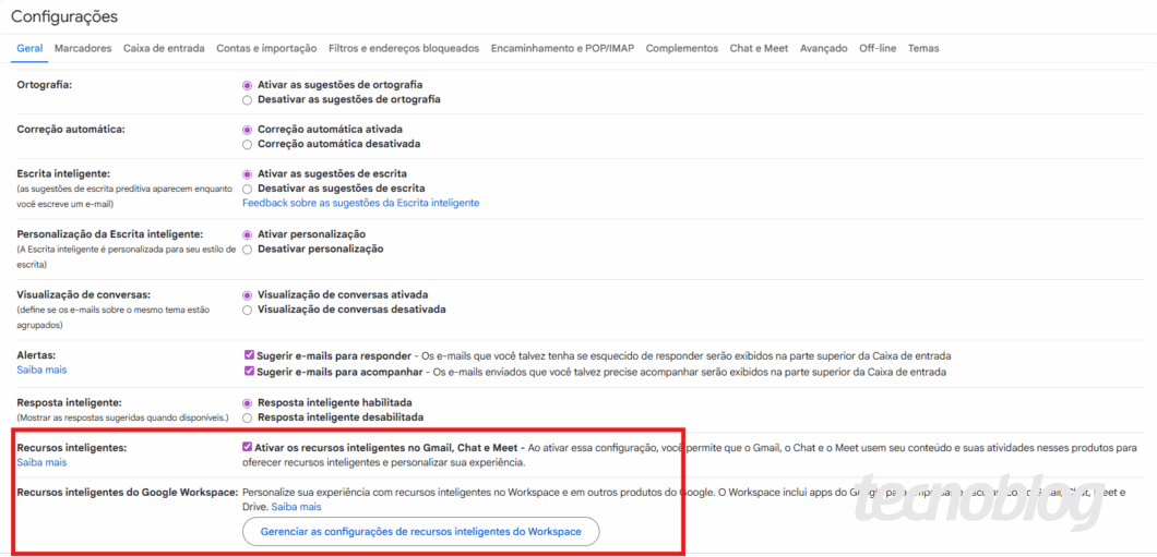 Captura de tela das configurações do Gmail, com uma linha retângular ao redor das opções de recursos inteligentes
