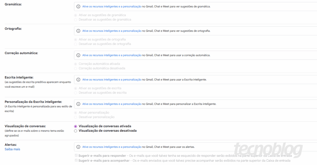 Captura de tela das configurações do Gmail