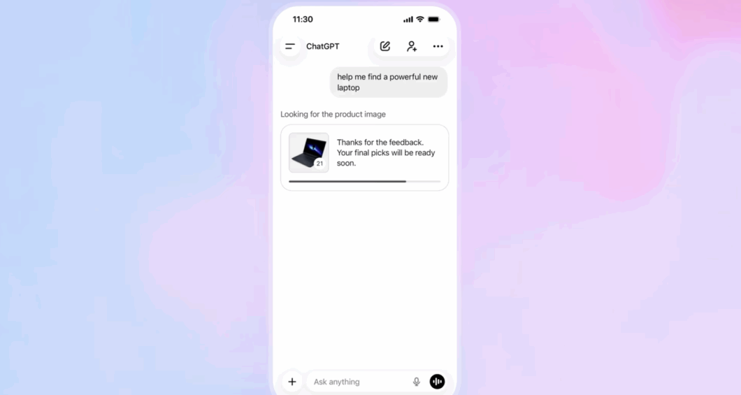 Captura de tela do app do ChatGPT para smartphone com a ferramenta de compras