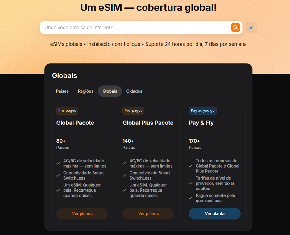 Captura de tela de um website de serviços de e-SIM (SIM virtual) com o título "Um eSIM — cobertura global!". A seção principal exibe uma tabela de comparação de três planos de dados globais (Globais) em cartões escuros: 'Global Pacote' (Pré-pago, 80+ países), 'Global Plus Pacote' (Pré-pago, 140+ países) e 'Pay & Fly' (Pay as you go, 170+ países). Todos os planos oferecem "4G/5G de velocidade máxima — sem limites" e "Conectividade Smart SwitchLess".