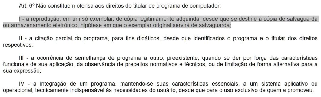 Descrição sobre o inciso 1 do Art 6º da Lei de Software