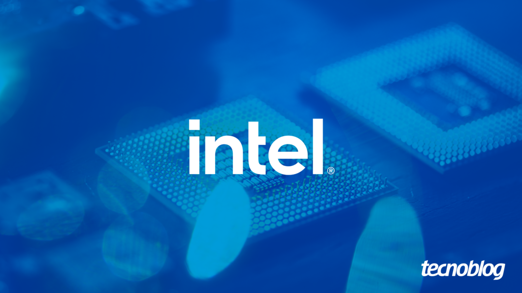 Arte com o logotipo da Intel ao centro, em fonte de cor branca, e o fundo em cor azul.