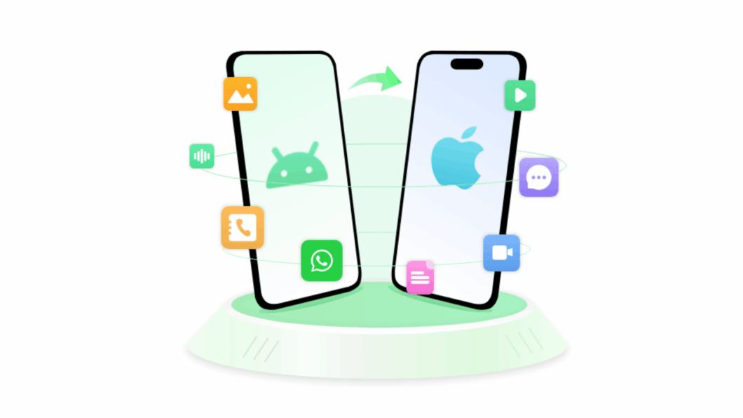 lustração que representa o processo de transferência de dados entre um celular Android e um iPhone. Dois smartphones estão dispostos lado a lado, com o robô Android no dispositivo de origem e o ícone da Apple no de destino. Ícones de mídia e aplicativos como Mensagens (chat), Vídeo, Áudio, Fotos, Contatos e WhatsApp flutuam entre os dois telefones, com uma seta verde indicando o fluxo de dados.