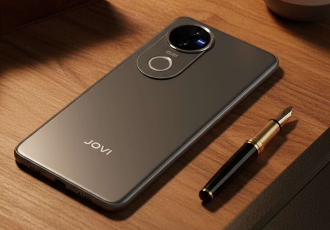 Smartphone com traseira metálica cinza escuro sobre uma superfície de madeira. A câmera traseira está posicionada na parte superior central dentro de um módulo circular preto com anel metálico ao redor e a inscrição "ZEISS". Abaixo da câmera há um círculo decorativo em relevo. Na parte inferior do aparelho, está escrito "JOVI". Ao lado direito do smartphone, há uma caneta-tinteiro preta com detalhes dourados.