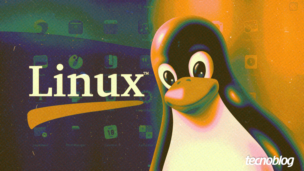 Ilustração com tons de verde, amarelo e roxo mostra o pinguim Tux, o mascote do sistema operacional Linux, em primeiro plano à direita. Ao fundo, à esquerda, a palavra "Linux" é exibida em letras brancas com uma sombra amarela curva abaixo. Ícones de aplicativos e elementos de uma interface de desktop são vagamente visíveis atrás da palavra "Linux", sugerindo um ambiente de computador. A imagem tem uma textura granulada e um efeito de sobreposição de cores. Na parte inferior direita, está o logotipo do "Tecnoblog".