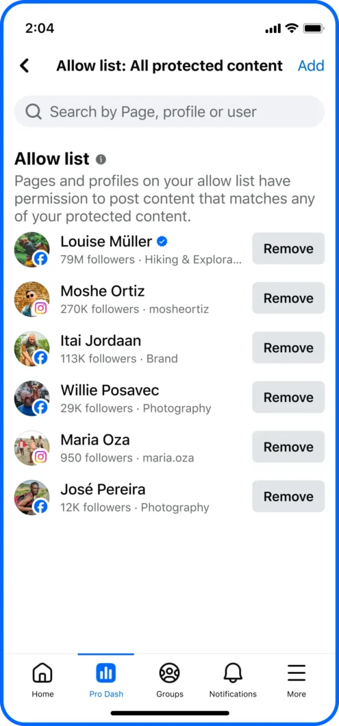 Captura de tela de uma lista de permissões na proteção de conteudo da Meta