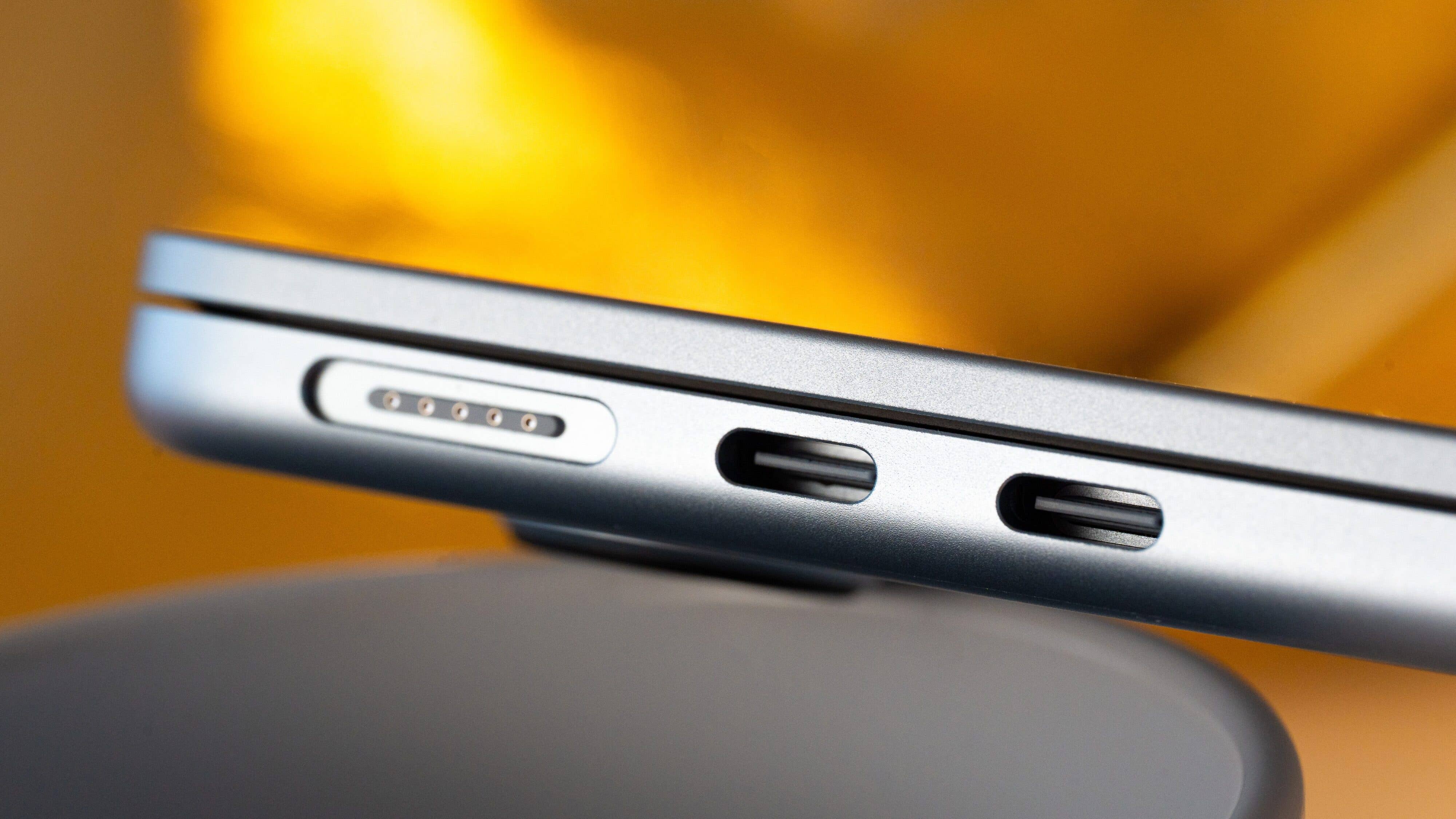 Close-up of the side of an Apple MacBook Air M4 showing off its ports and slots.