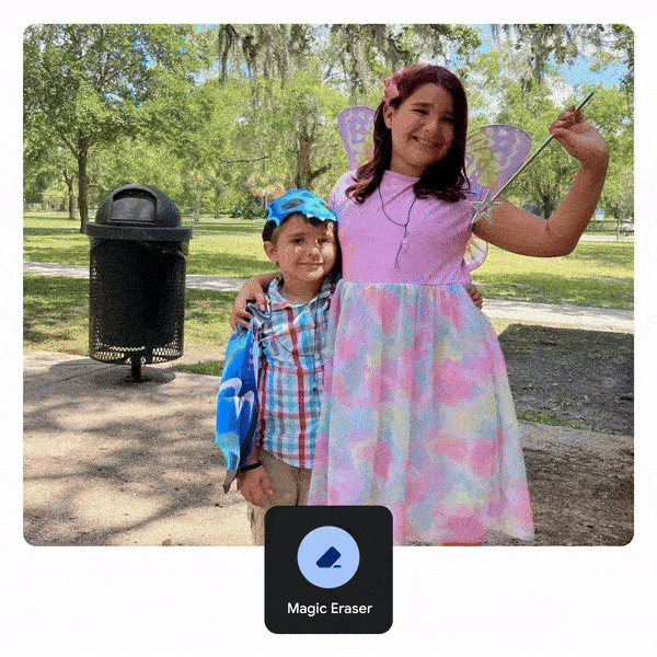 GIF mostra foto de duas crianças. Ao fundo, há uma lixeira. O cursor circula o objeto, e ele desaparece.