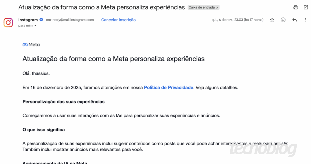 Captura de tela de e-mail da Meta avisando sobre mudanças na política de privacidade