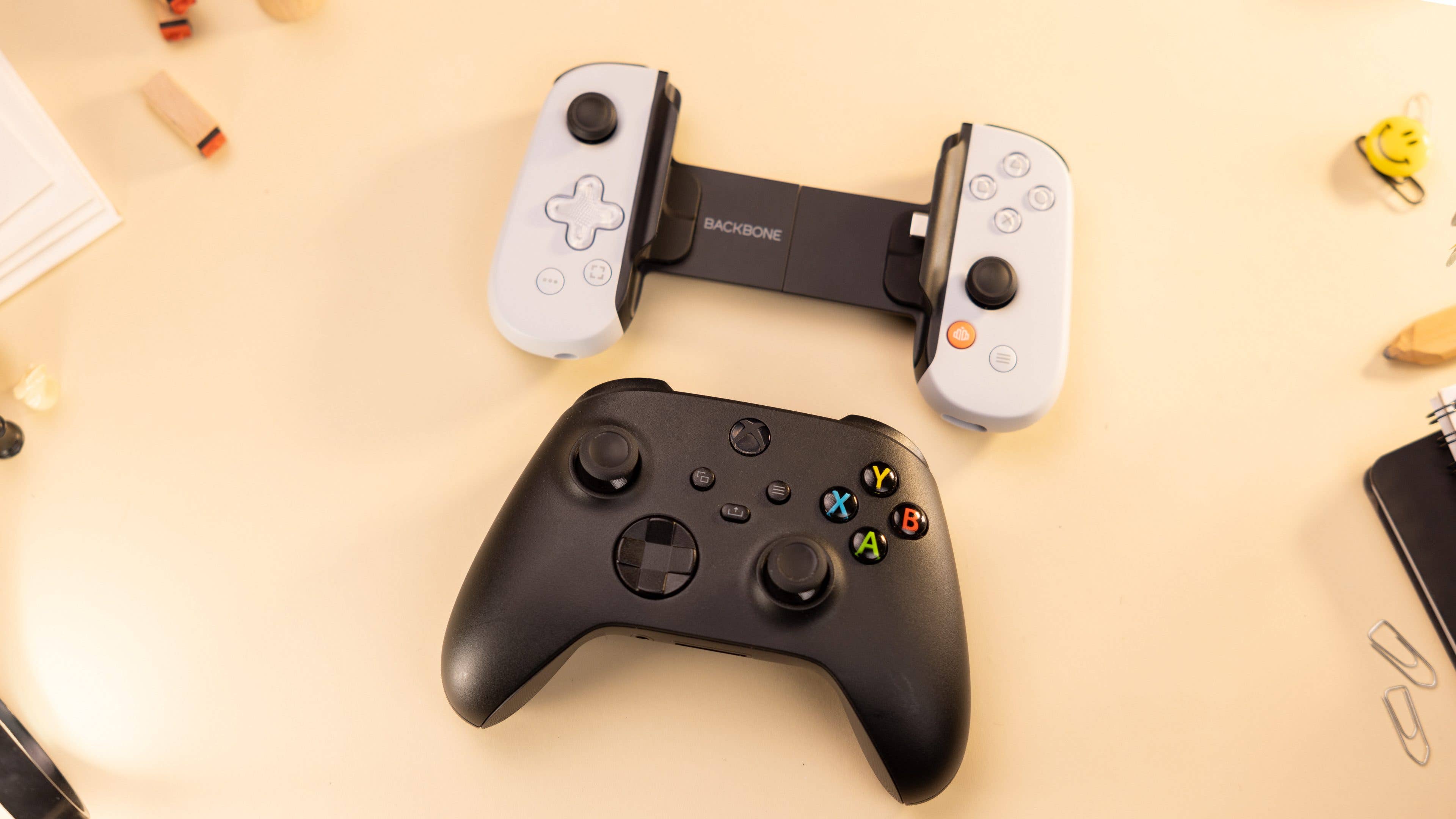 The Backbone One looks deceptively small until compared with an Xbox Series X controller.