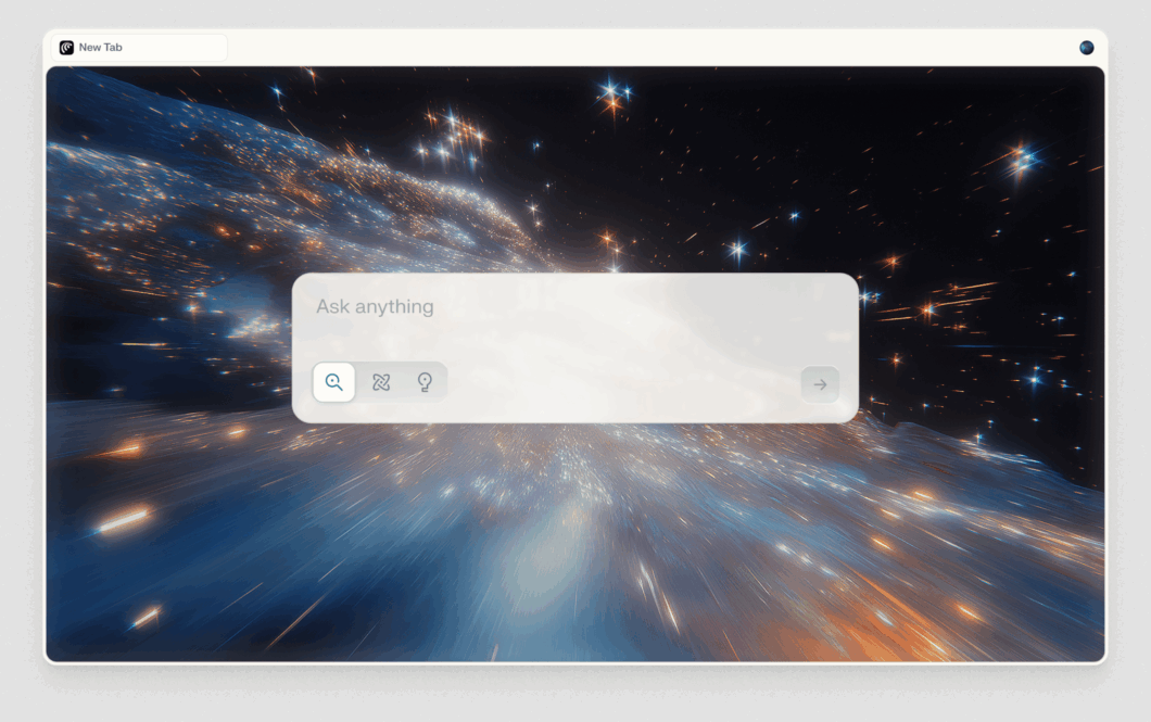 A imagem mostra a tela inicial de um navegador chamado Comet. O fundo é uma cena espacial com estrelas e feixes de luz em movimento, dando sensação de velocidade. No centro, há uma caixa translúcida de busca com o texto "Ask anything". Abaixo, ícones de lupa, setas cruzadas e ponto de interrogação. À direita, um botão com seta aponta para enviar a pesquisa.