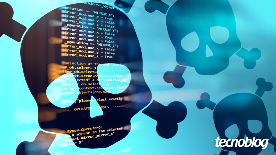 Imagem mostra crânios e ossos cruzados brancos e translúcidos sobre um fundo escuro com linhas de código de programação em azul claro. Os crânios representam pirataria, ataque hacker e perigo cibernético. Na parte inferior direita, o logotipo do "Tecnoblog" é visível.