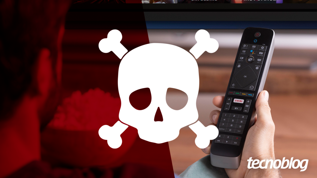 Mão segurando controle remoto. Uma estampa de caveira sobrepõe a imagem.