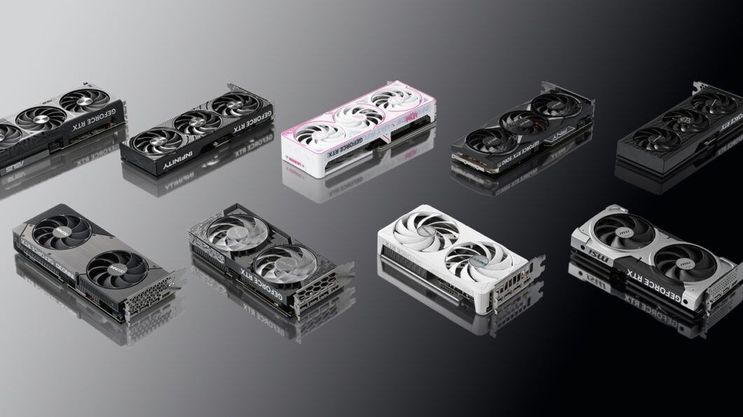 Várias placas de vídeo GeForce RTX 5060 sobre uma superfície
