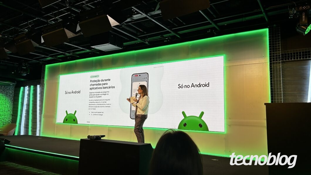 Natacha Litvinov, do Google, anunciando a proteção de apps bancários durante chamadas
