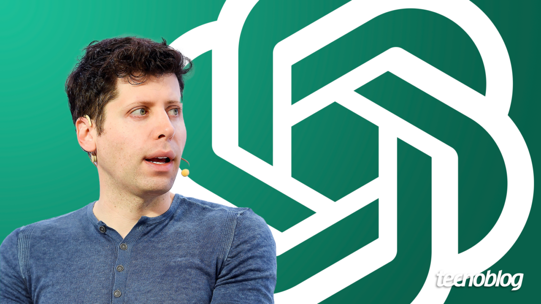 Imagem mostra o CEO da OpenAI, Sam Altman, à esquerda, e o logo do ChatGPT à direita. Na parte inferior direita, o logo do "tecnoblog"