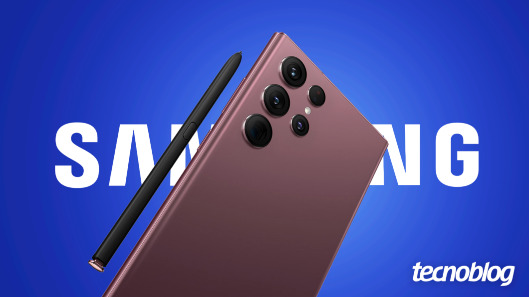 Ilustração mostra um celular Samsung de cor salmão com o logotipo da Samsung em um fundo de cor azul. Na parte inferior direita, o logo do "tecnoblog".