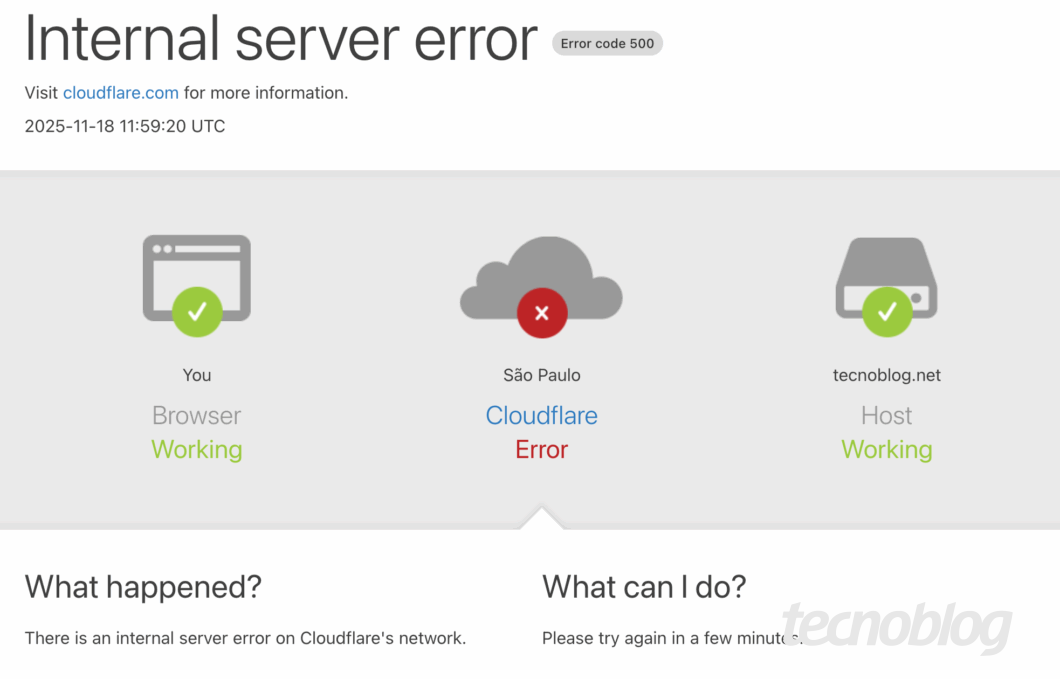 Tela de erro 500 no Tecnoblog