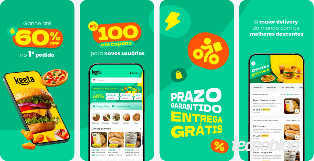 Arte promocional do app Keeta em quatro painéis verdes. À esquerda, celular com hambúrguer e pizza e o texto “Ganhe até 60% OFF no 1º pedido”. No segundo, tela do app com cupons e a frase “R$ 100 em cupons para novos usuários”. No terceiro, ícones e o destaque “Prazo garantido Entrega grátis”. À direita, celular com lista de restaurantes e a chamada “O maior delivery do mundo com os melhores descontos”.