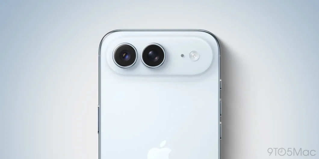 Renderização de um iPhone Air branco, mostrando a parte superior traseira com o plateau de câmeras com duas lentes