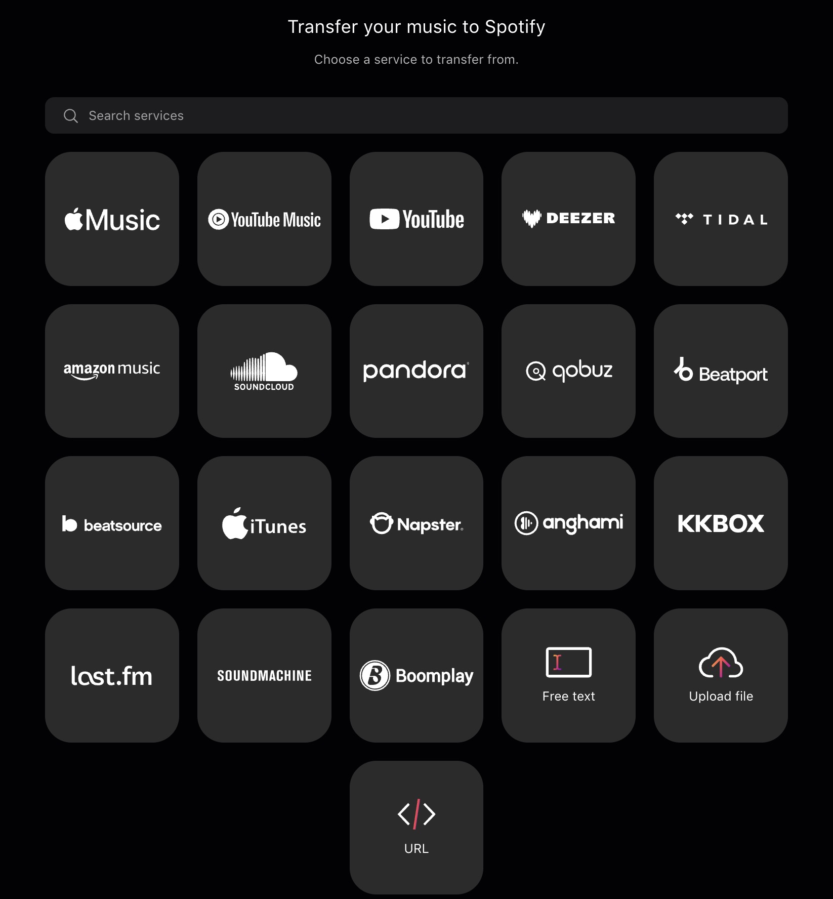 a screenshot showing a Spotify feature called "Transfer your music to Spotify," featuring a ton of other music streaming brands on the page to click.