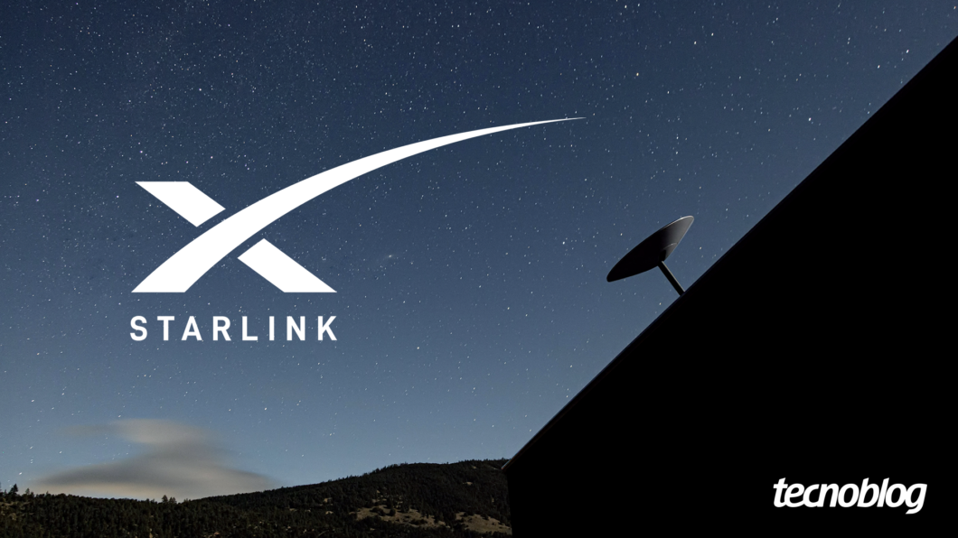 Imagem mostra o logo da Starlink ao lado de uma antena. Na parte inferior direta, o logotipo do "tecnoblog" é visível.
