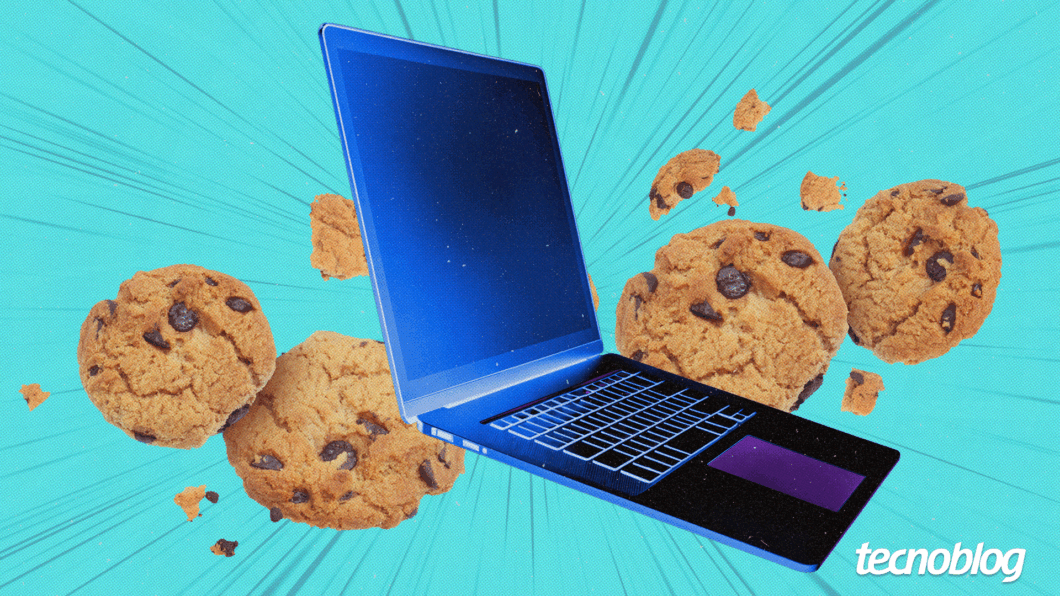 Ilustração mostra um laptop cercado por biscoitos. Na parte inferior direita, o logo do "tecnoblog" é visível.