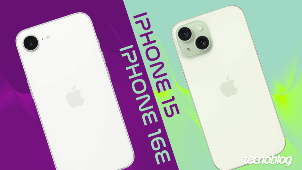 Ilustração comparativa entre iPhone 16e e iPhone 15