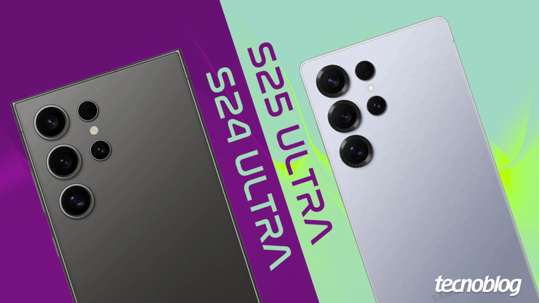 Ilustração dos smartphones Samsung Galaxy S24 Ultra e Galaxy S25 Ultra