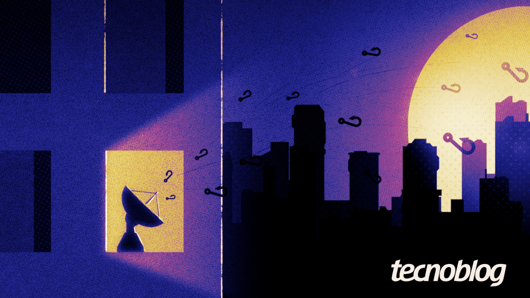 Ilustração dividida em duas metades. À esquerda, prédio azul com janelas escuras; em uma delas, iluminada de amarelo, há uma figura com antena parabólica no lugar da cabeça, cercada por pontos de interrogação. À direita, silhueta de prédios urbanos contra um céu roxo com um grande sol amarelo ao fundo; diversos anzóis pretos flutuam no ar em direção ao prédio. Logomarca do Tecnoblog no canto inferior direito.