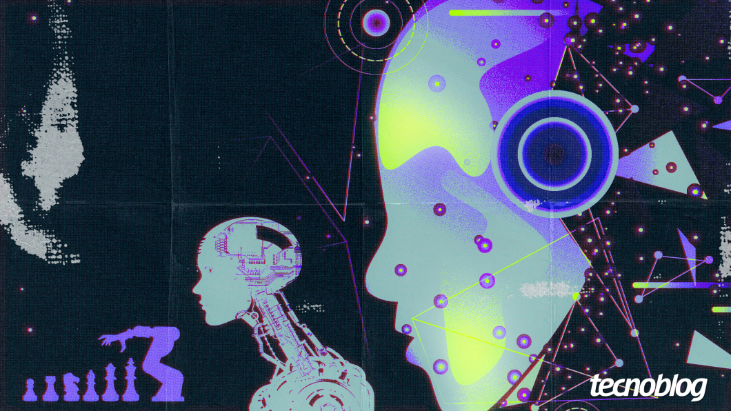 Ilustração de tipos de inteligência artificial, com robôs humanoides. Na parte inferior direita, o logo do "tecnoblog" é exibido.