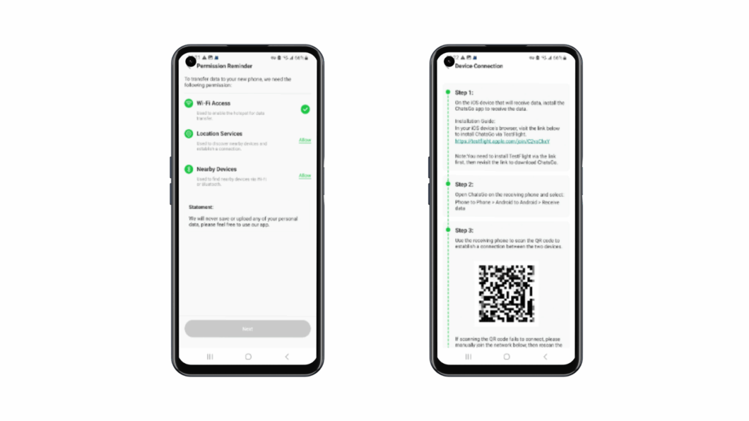 Duas capturas de tela do aplicativo WatsGo (ou similar) detalhando as permissões e a conexão entre dispositivos. A tela à esquerda mostra o "Permission Reminder" (Lembrete de Permissão), solicitando acesso a "Wi-Fi Access", "Location Services" e "Nearby Devices". A tela à direita exibe as instruções de "Device Connection" (Conexão do Dispositivo), incluindo a necessidade de instalar um aplicativo no iOS via TestFlight, e a exibição de um código QR para escanear e estabelecer a conexão de transferência.