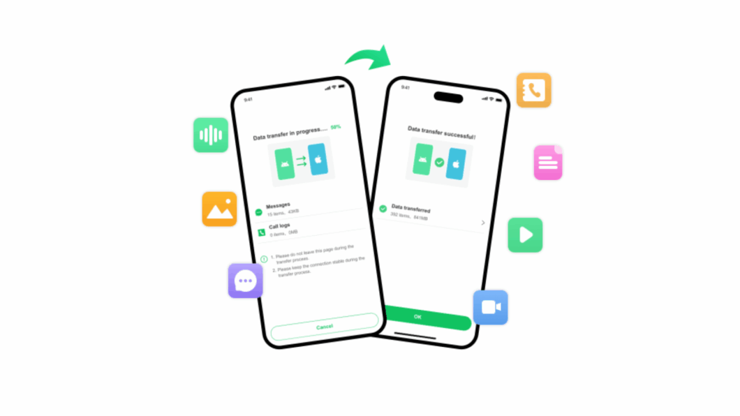 Ilustração mostrando duas telas de smartphone do aplicativo WatsGo (ou similar) durante e após a transferência de dados. A tela à esquerda mostra o "Data transfer in progress... 50%" (Transferência de dados em andamento... 50%), detalhando a contagem de itens e tamanho de Mensagens e Logs de Chamadas. A tela à direita mostra o "Data transfer successful!" (Transferência de dados bem-sucedida!) com a confirmação "Data transferred: 382 items, 84.66GB". Ícones flutuantes de dados (mensagens, fotos, vídeos) cercam os telefones.