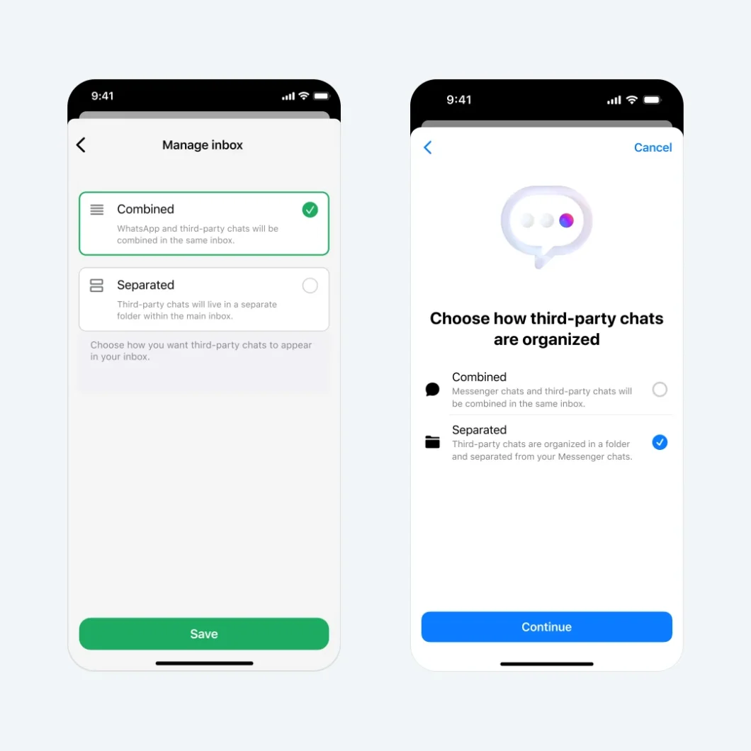Telas de WhatsApp e Messenger mostrando opções para integrar ou separar conversas de outros apps