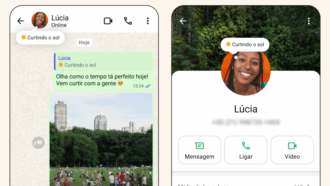A imagem mostra duas telas do WhatsApp destacando o novo aviso temporário exibido abaixo da foto de perfil. Na conversa, o perfil “Lúcia” aparece com o recado “🌞 Curtindo o sol” logo sob a foto, em posição mais visível. Na tela de perfil, o mesmo aviso aparece novamente abaixo da imagem dela. O recurso ilustra a novidade que permite configurar mensagens temporárias como status destacados.