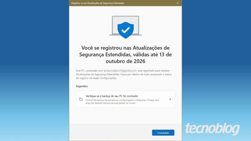 Suporte estendido para Windows 10 ativado