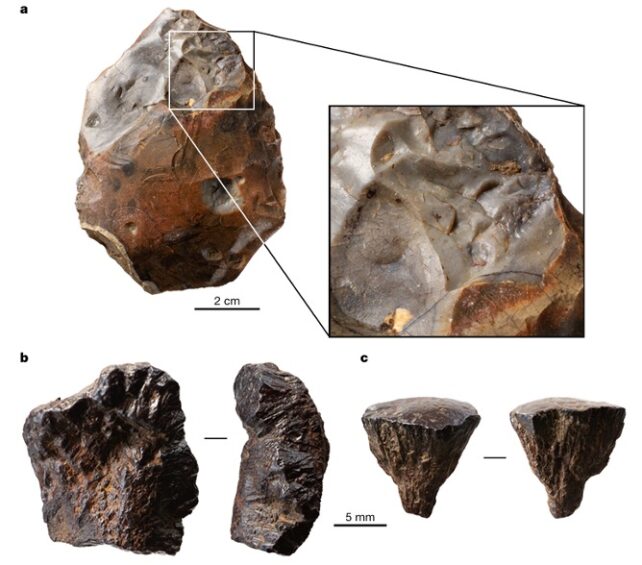 Panel of images showing chipped, reddish-brown, oval handaxe and two pieces of black pyrite from different angles. 